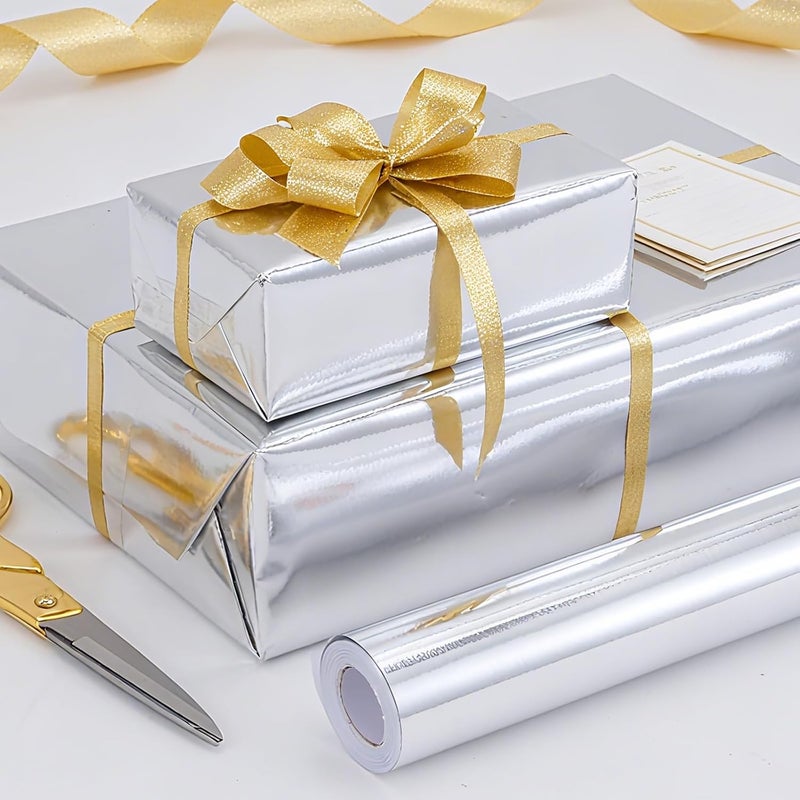 Donyang Silver Wrapping Paper, 17inch x 33ft Solid Color Metallic Lustre Paper, Silver Gift Wrapping Paper with Grid Cutting Lines Perfect for Birthday, Wedding, Valentine's Day, Christmas, Baby Shower - Image 2